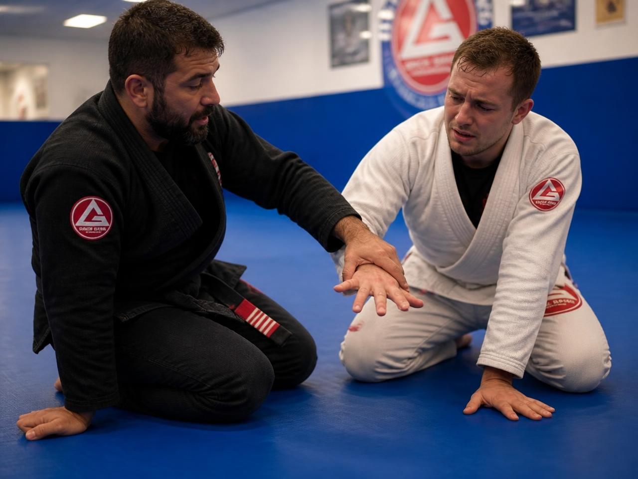Coach showing a new adult student how to tap and move safely on his first class