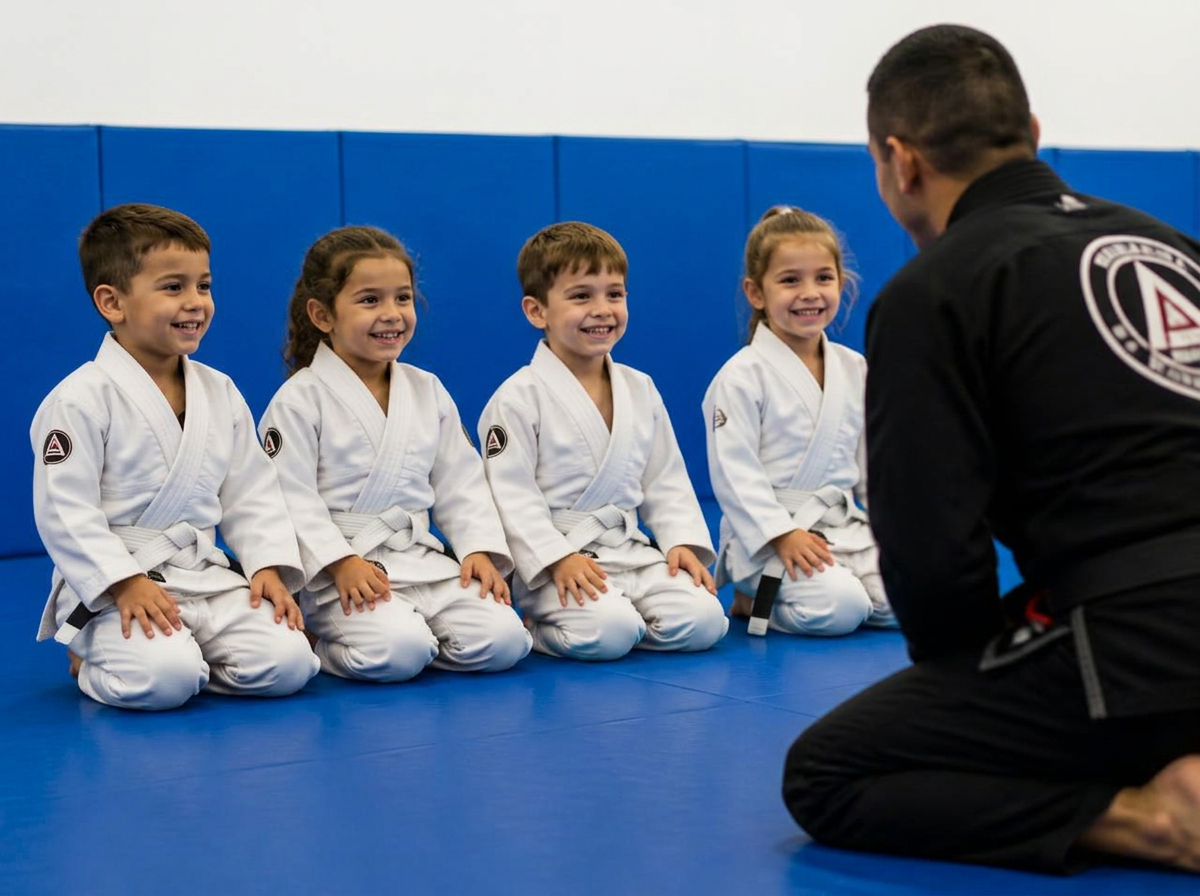 Gracie Barra New Lenox Little Champions class with coaches on the mat