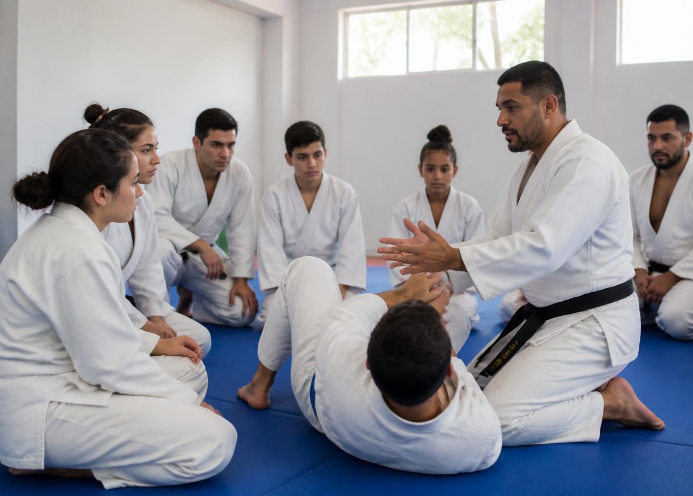 Head instructor demonstrating a technique to students seated on the mat