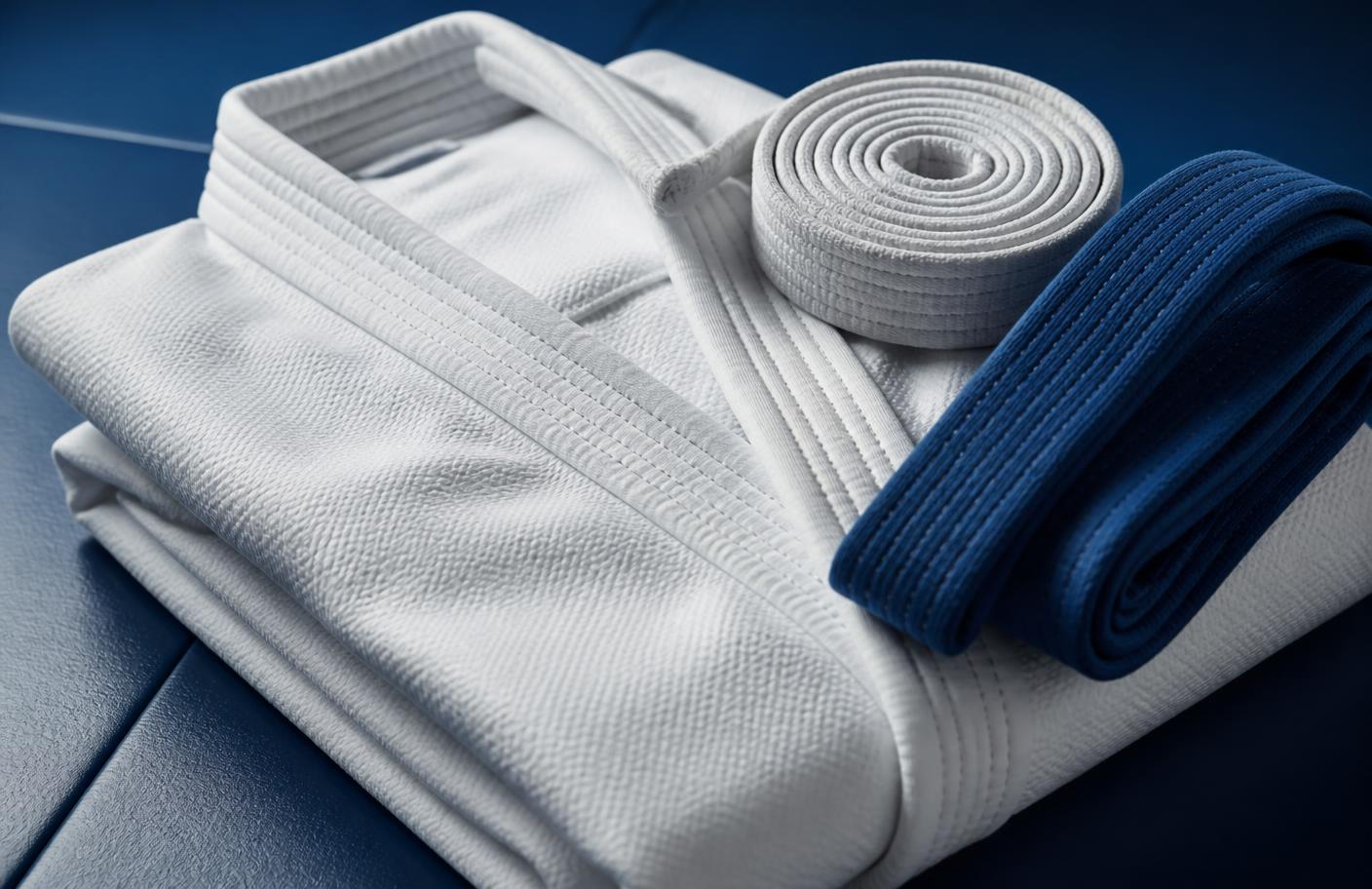 Folded white Gracie Barra gi with white and blue belts on the mat