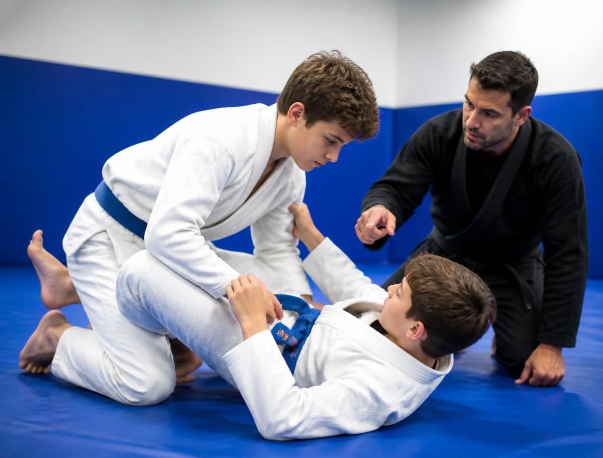 Junior students drilling a guard pass with a coach correcting them