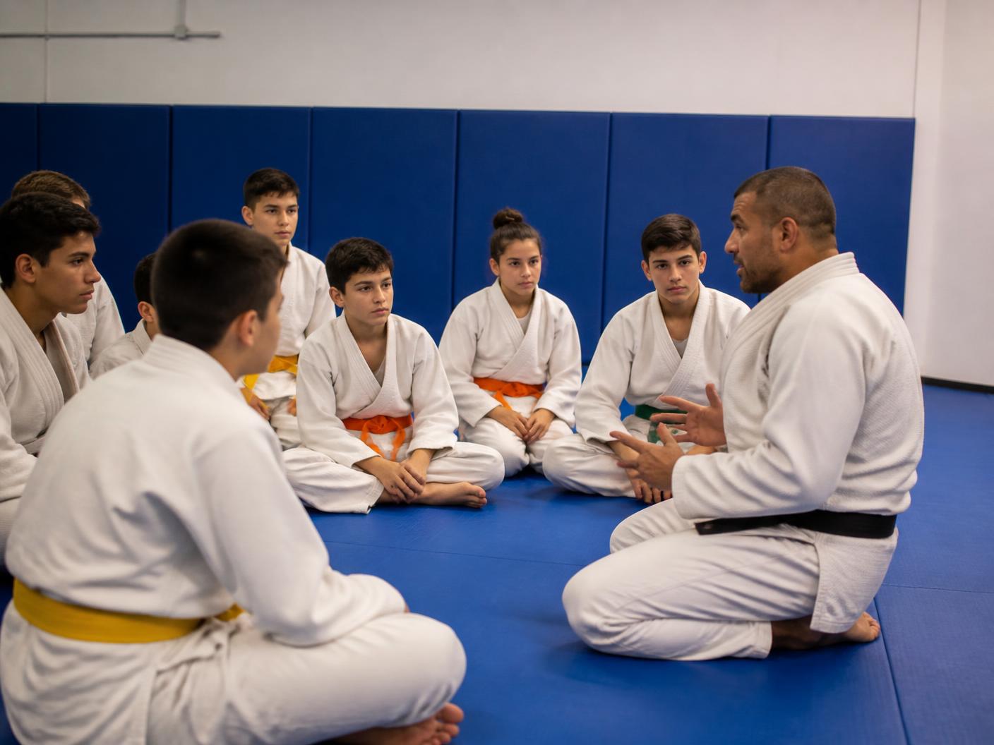 Coach talking to junior students seated on the mat at Gracie Barra New Lenox
