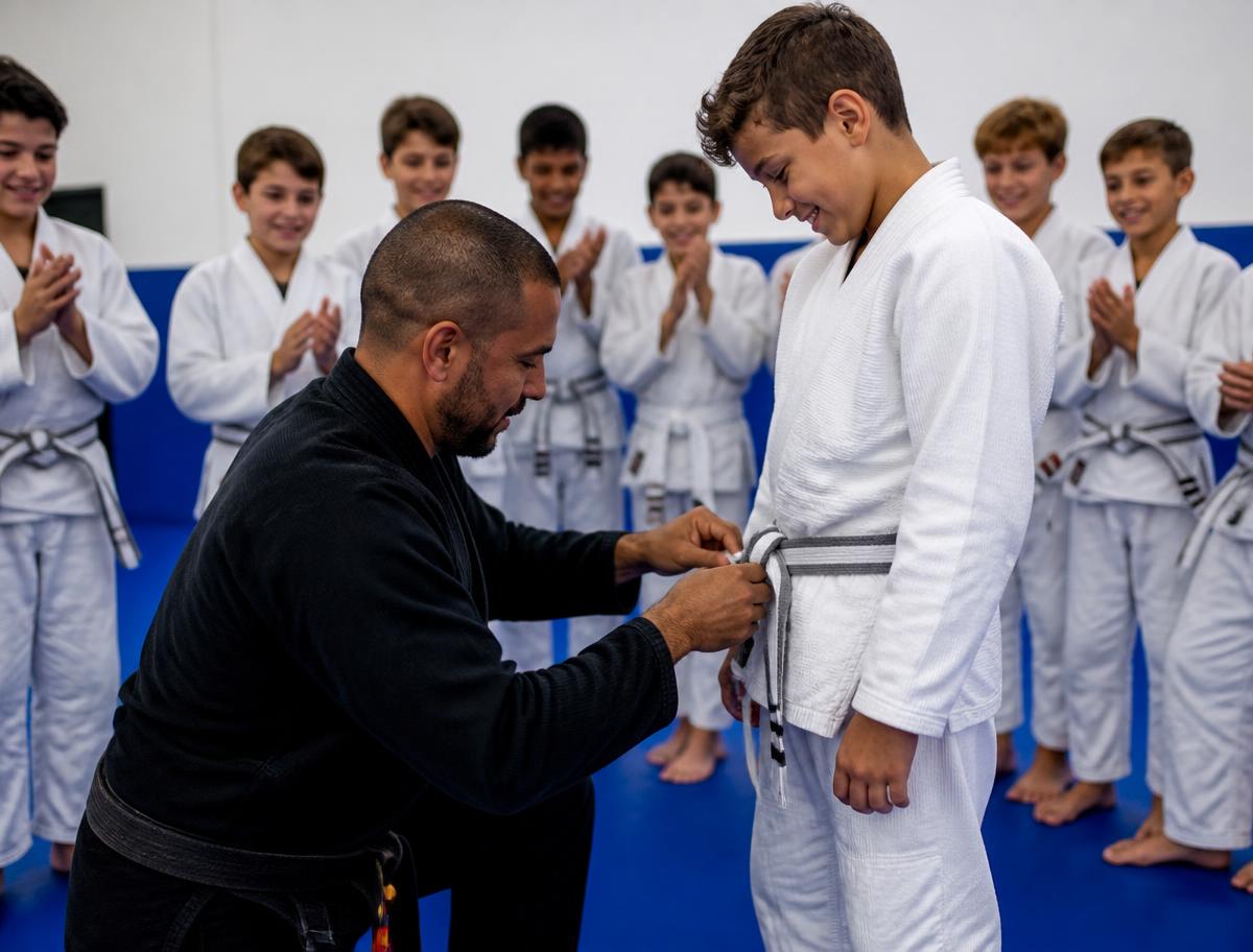Coach awarding a stripe to a junior student in front of the class