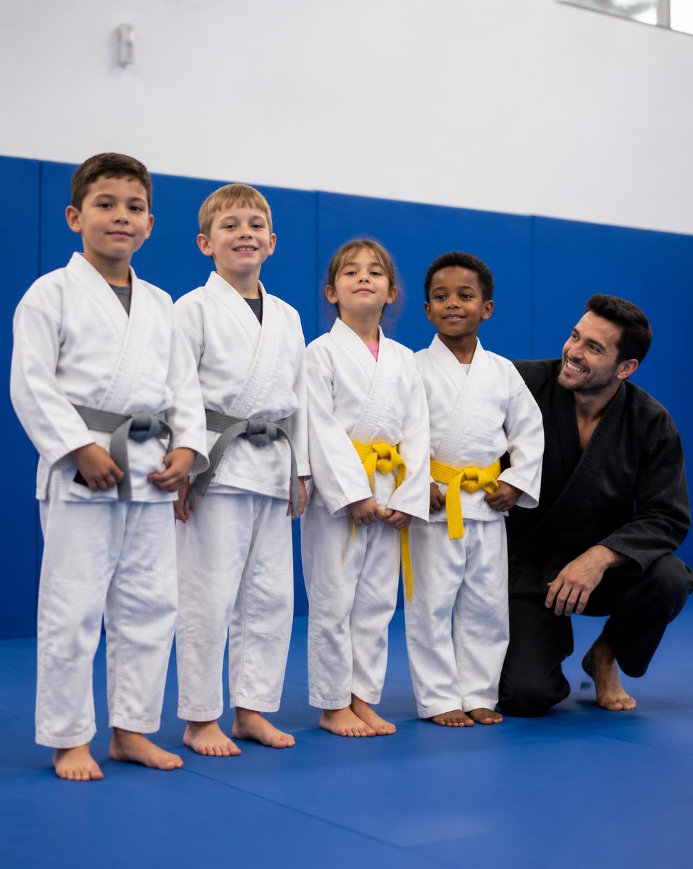 Little Champions 2 students standing tall in uniform with their coach