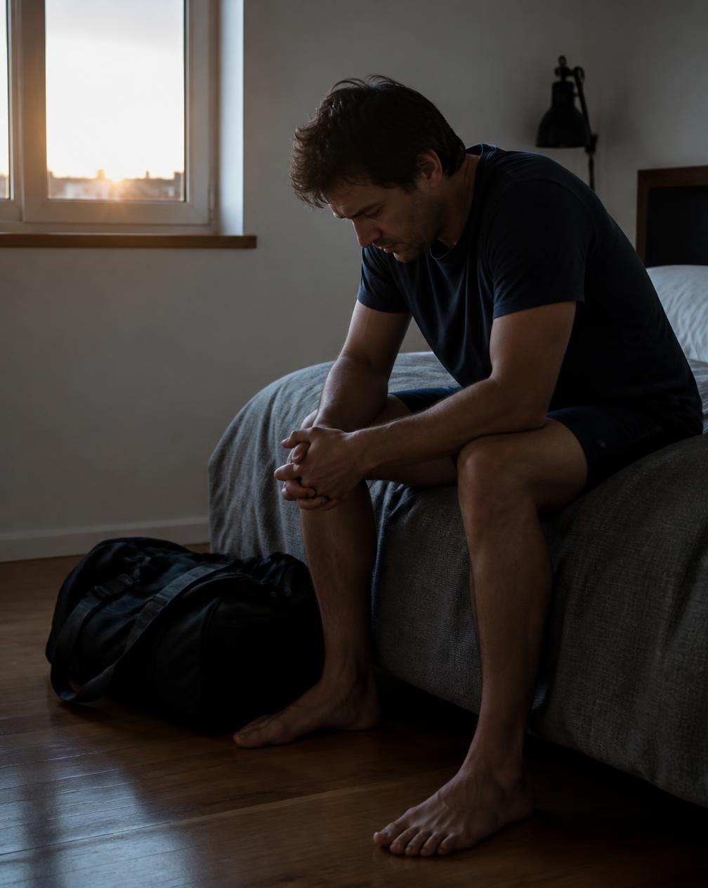 An adult sitting on the edge of the bed beside an unused gym bag
