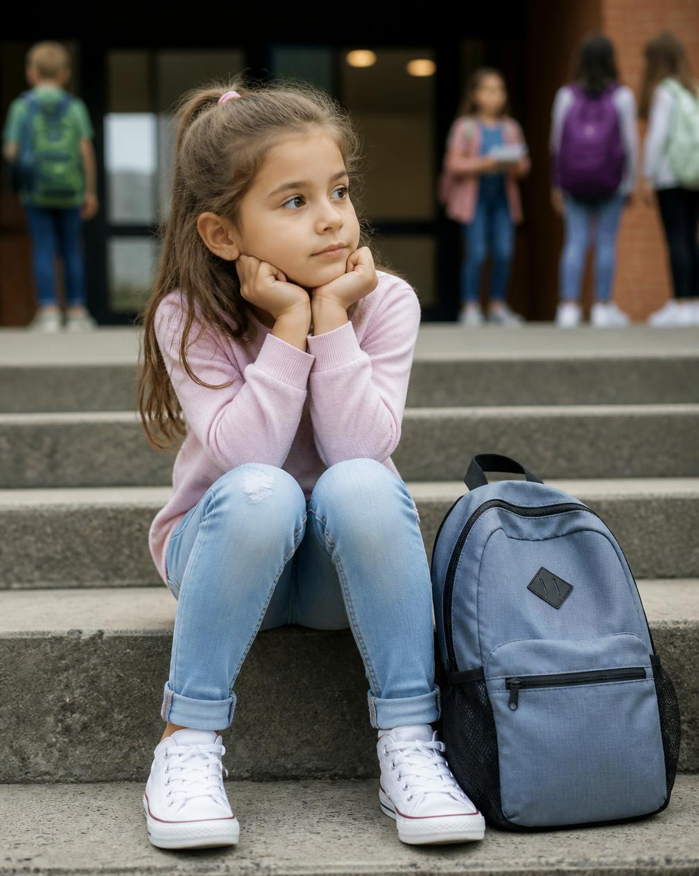 A quiet child sitting alone on school steps