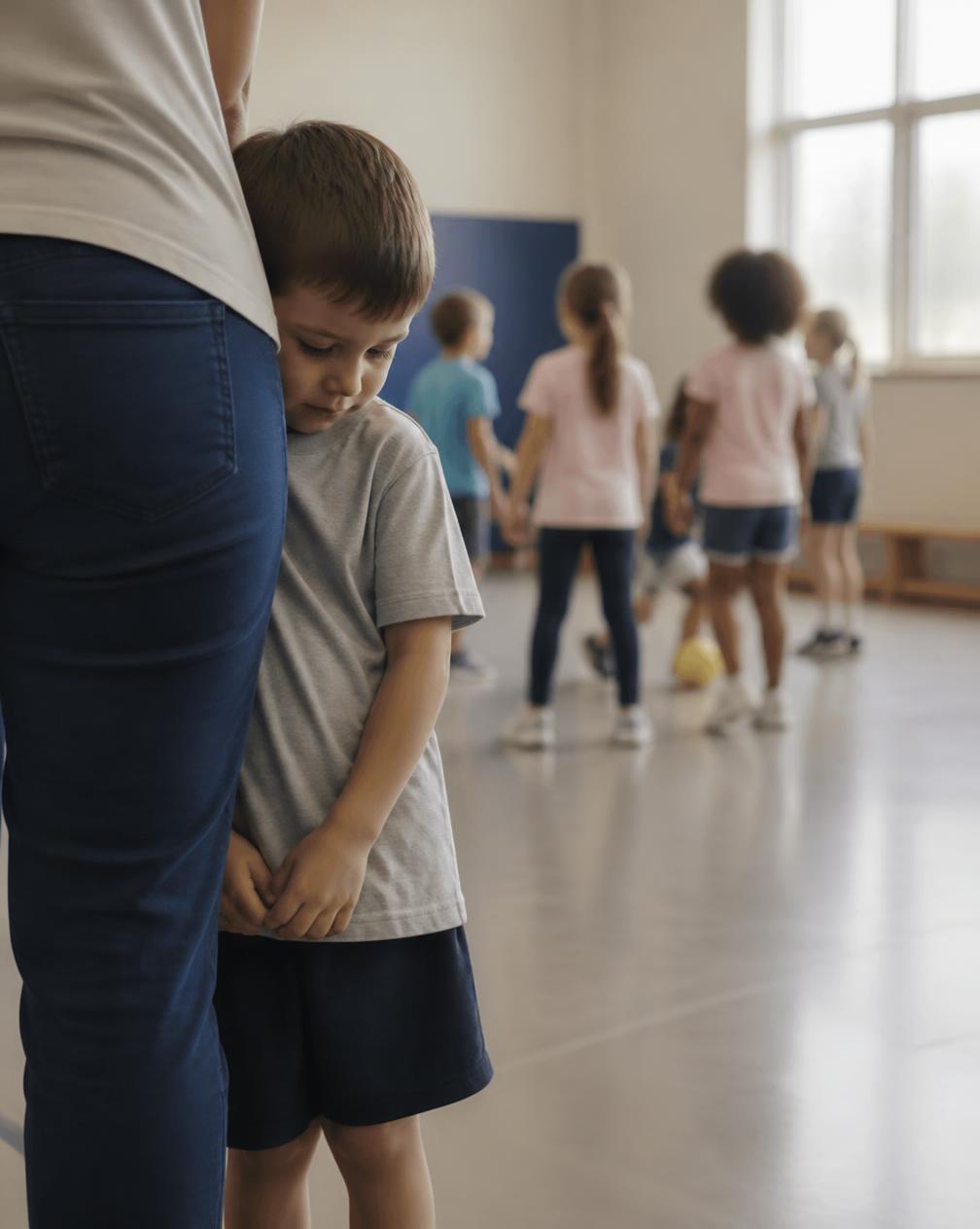 A shy young child hanging back from a group activity